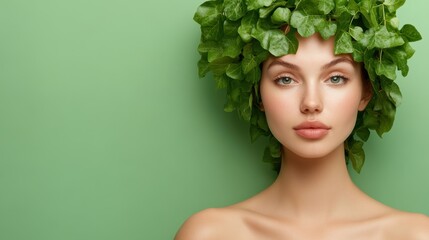 Fototapeta premium Young woman with natural beauty and green ivy leaves on head, promoting eco-friendly lifestyle and self-care in a serene studio setting