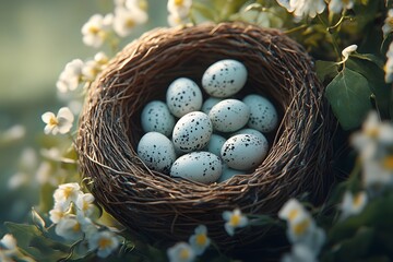 Fototapeta premium A bird's nest made of dry tree branches outdoors is filled with small eggs with black spots, like wild quail eggs.