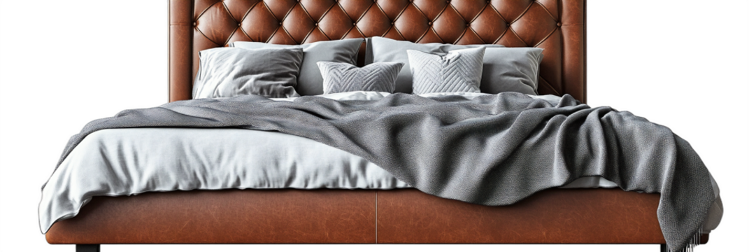 luxurious bed, tufted leather headboard, white and gray bedding, elegant design, cozy atmosphere, interior decor, minimalistic style with clipping path, PNG collection, PNG image, PNG file, Generative