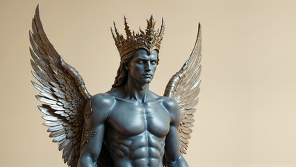 Fototapeta premium Masculine Arch angel prince copper sculpted statue bust with elaborate jeweled crown and wings in old gold
