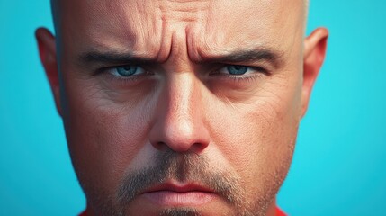 Obraz premium Intense Expression of a Man with Short Hair and Blue Eyes Against a Bright Blue Background Capturing Emotion and Grit in Close-Up