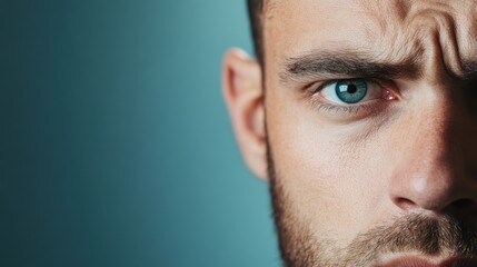 Fototapeta premium Close-up of a serious young man with piercing blue eyes conveying strong emotions and deep thoughts against a gradient background displaying texture and depth.