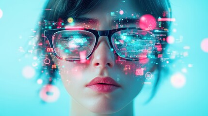 Portrait of a woman wearing glasses with digital holographic interface, futuristic data visualization and cyber technology elements on blue background
