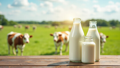Two bottles of milk on a rustic table with a scenic farm background, celebrating the essence of National Milk Day.