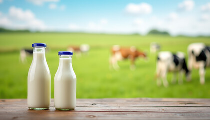 Two bottles of milk on a rustic table against a lively farm backdrop, celebrating National Milk Day.