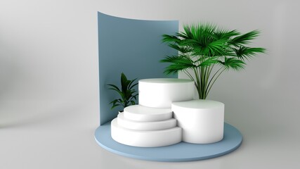 Stage for showcase. Minimalist 3D mockup abstract cosmetic product display presentation, Stage showcase. Platforms geometric design. Realistic white 3D round podium background. Green palm leaf scene.	