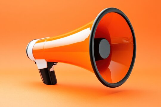 A playful representation of a paper cup megaphone set against an eye-catching orange background, illustrating the 'Refer a Friend' concept. The megaphone is visually engaging