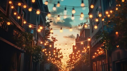 Romantic sunset street scene with warm string lights illuminating buildings.