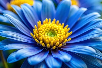 A close-up of a brilliant blue-yellow flower showcases its striking yellow stamens, offering a captivating subject for nature photography enthusiasts to admire and capture.