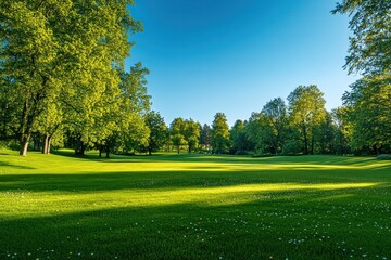 Fototapeta premium A wide shot of a serene park featuring a vibrant green grass lawn, dotted with wildflowers, with trees lining the background and a clear blue sky above.
