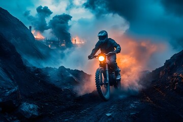 Naklejka premium Photo of rider wearing helmet riding mountain bike through dirt and rocky valley with lots of white smoke