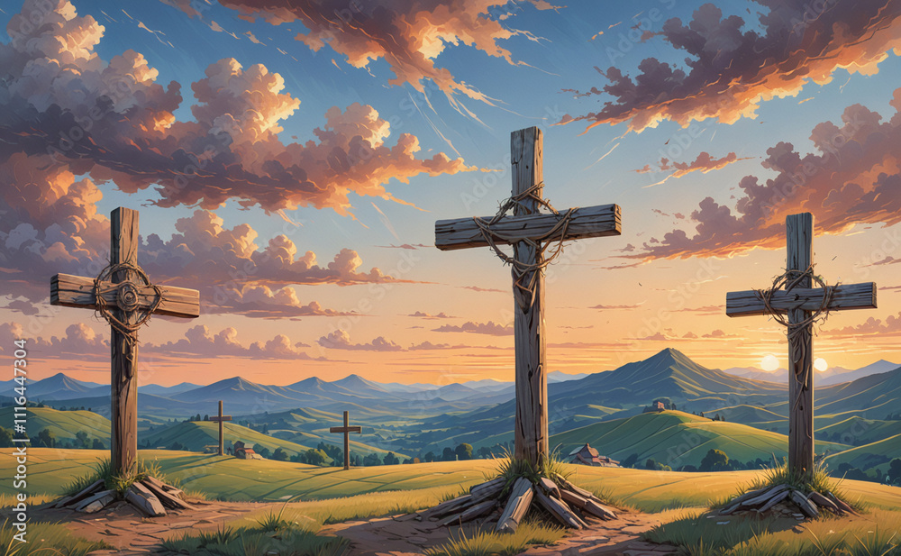Poster three crosses are standing in a field with a beautiful sunset in the background. the crosses are woo