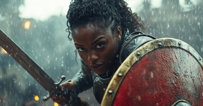 black woman warrior poised for combat with sword and shield, drenched by rain
