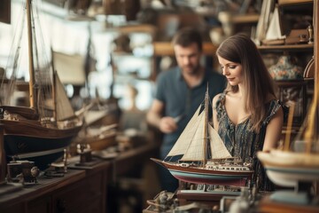 Woman admiring a model sailboat in a vintage shop filled with antiques and collectibles