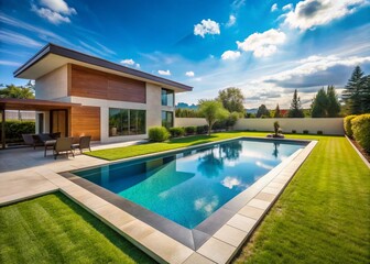 Fototapeta premium A contemporary rectangular swimming pool, bordered by tan concrete, complements a new home's fenced yard, enhanced by abundant greenery and a radiant blue sky.