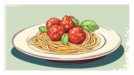 Flat Vector Illustration of Spaghetti and Meatballs Dish | Food Artwork for Italian Cuisine