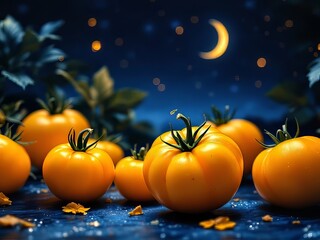 Fototapeta premium Nocturnal still life: yellow tomatoes, captured in the dark.