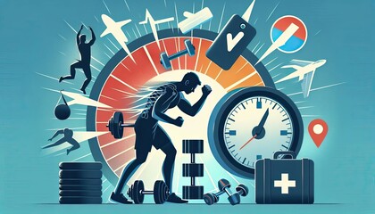 Overtraining and exercise addiction leading to physical and mental strain illustration