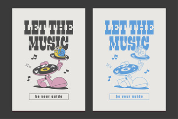 70s retro poster with vinyl record cartoon character, vector illustration