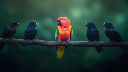 Fototapeta premium Colorful Parrot Among Black Birds on Branch