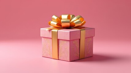 Fototapeta premium Pink background, 3D gift box with gold bow, rule of thirds arrangement.