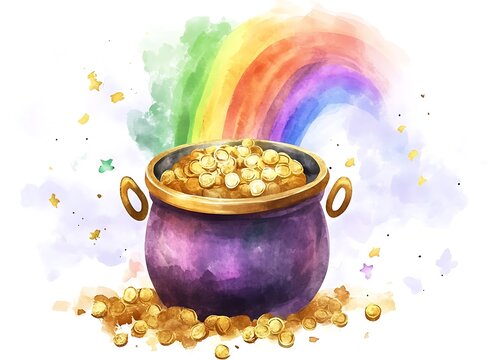 watercolor pot of gold with rainbow clip art preview