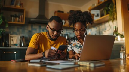 Fototapeta premium Couple Working Together On Finances At Home