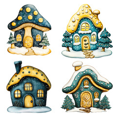 Whimsical winter gingerbread houses with snowy details, colorful roofs, and festive decorations surrounded by snow and fir trees, evoking a cozy holiday spirit