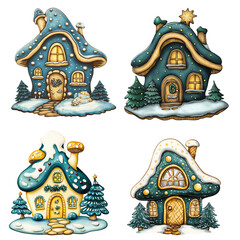 Whimsical winter gingerbread houses with snowy details, colorful roofs, and festive decorations surrounded by snow and fir trees, evoking a cozy holiday spirit