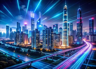 Fototapeta premium A dazzling futuristic skyline illuminated by neon lights, showcasing smart city innovation. Long exposure captures modern architecture and vibrant urban planning in a high-tech nightscape.