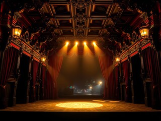 Red curtains, double-exposed circus stage, empty.
