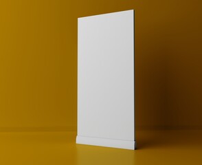 Blank vertical roll-up banner stand mockup on yellow background. Pull-up roller portable signage mock-up. White pop-up advertising display template. Roll up 3d ad banner on yellow background.