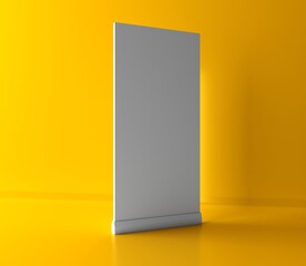 Blank vertical roll-up banner stand mockup on yellow background. Pull-up roller portable signage mock-up. White pop-up advertising display template. Roll up 3d ad banner on yellow background.