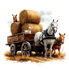 Obraz premium Whimsical horse drawn wagon transporting bales of hay through a lush pastoral countryside scene Ornate wooden carriage gentle equine companions