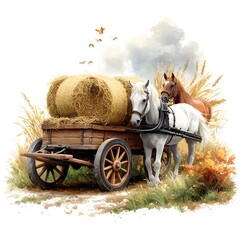 Obraz premium Ornate Wooden Carriage Transporting Bales of Hay Amidst Gentle Equine Companions in a Whimsical Fairy Tale Countryside Landscape with Soft Watercolor Textures and Romanticized Pastoral Nostalgia