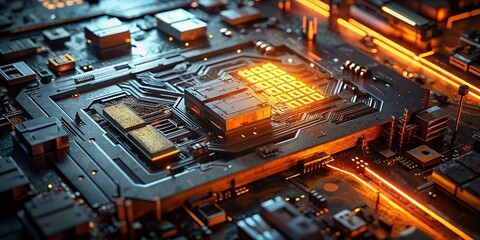 A detailed view of a glowing motherboard showcases advanced circuitry, electronic components, and digital technology, highlighting innovation and modern advancements in computer hardware and data proc