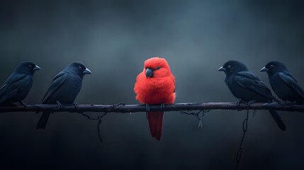 One Red Bird Among Black Birds
