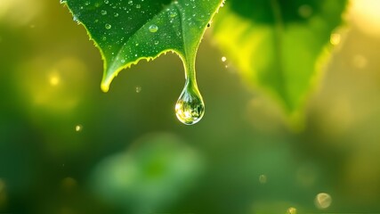 Fototapeta premium Sunlight highlights a raindrop on a leaf.