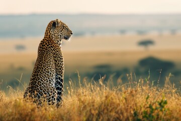 Graceful Leopard Observing the Grassy Plains of Masai Mara, Kenya