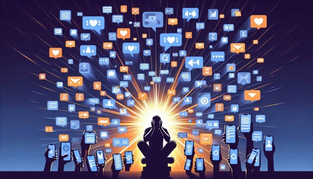 Digital overwhelm concept with individual surrounded by device notifications