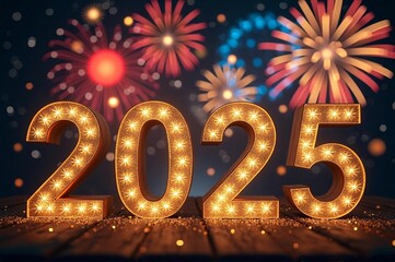 New Year's celebration with the year "2025" shining brightly in golden lights. The background is a dark night sky filled with bursts of colorful fireworks. greeting cards, social media posts, 
