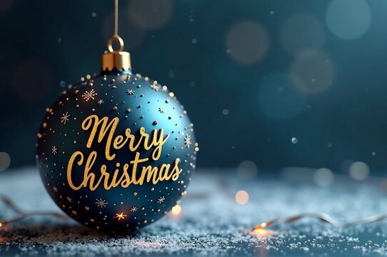Blue Christmas tree ball with “Merry Christmas” inscription and space for text. Christmas and New Year. Greeting card