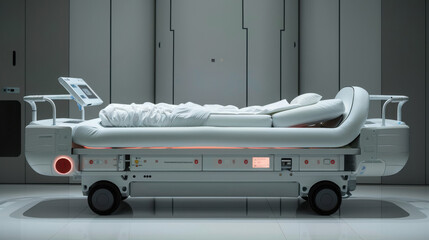 A medical bed with an electronic display on the side, equipped for hospital use and suitable to hold heavy weights. The background is white and there is no text or letters visible in any part of it.
