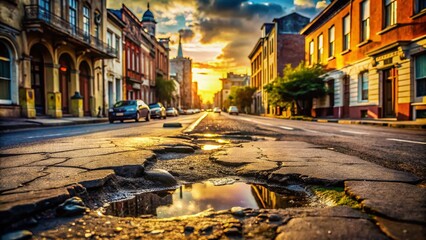 Fototapeta premium A gritty city street showcases prominent potholes and cracked asphalt, evoking urban decay and the challenges of infrastructure, embodying a raw, grunge aesthetic.