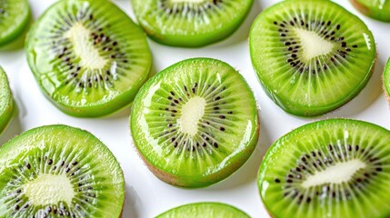 Fototapeta premium Close up macro shot of multiple vibrant green kiwi fruit slices arranged on a white background