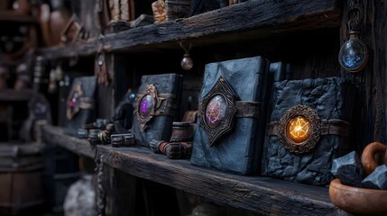 Shadowed aisles of an ancient wizards  library filled with glimmering talismans and tomes of arcane knowledge creating a mystical atmosphere of discovery and wonder