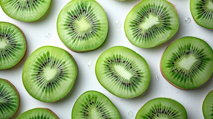 Fototapeta premium A vibrant flat lay showcasing a pattern of sliced kiwi fruit against a clean white background