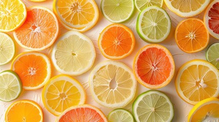 Obraz premium A vibrant overhead shot of various citrus fruits oranges lemons limes and grapefruits sliced and arranged to create a colorful juicy background