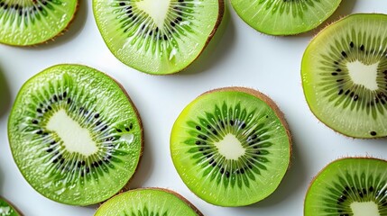 Fototapeta premium A vibrant and appetizing close up shot showcasing a pattern of juicy kiwi fruit slices against a clean white background