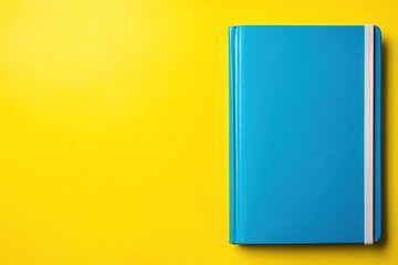 Blue closed book on bright yellow background with copy space